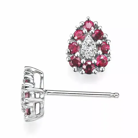 Druppel robijn diamant oorbellen in 14 karaat witgoud met diamanten en robijnen