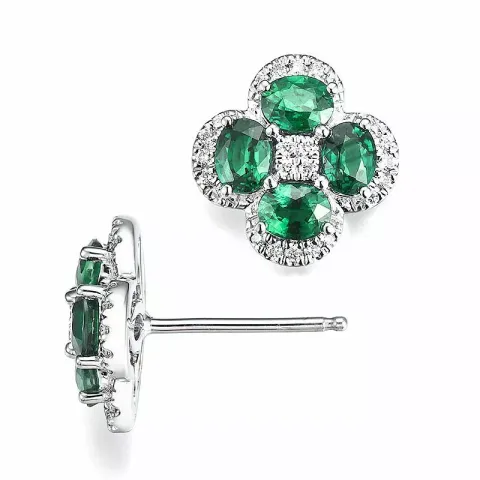 Bloem smaragd diamant oorbellen in 14 karaat witgoud met diamanten en smaragden