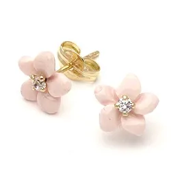 Bloem oorsteker in 9 karaat goud met zirkonen en parelmoer