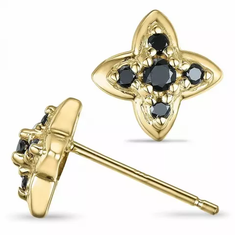 bloem zwart diamant oorsteker in 9 karaat goud met zwart diamant 