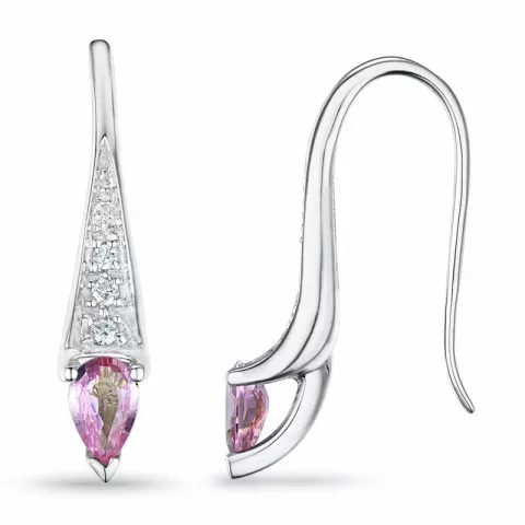 lange pink saffier briljant oorbellen in 9 karaat witgoud met pink saffier en diamant 