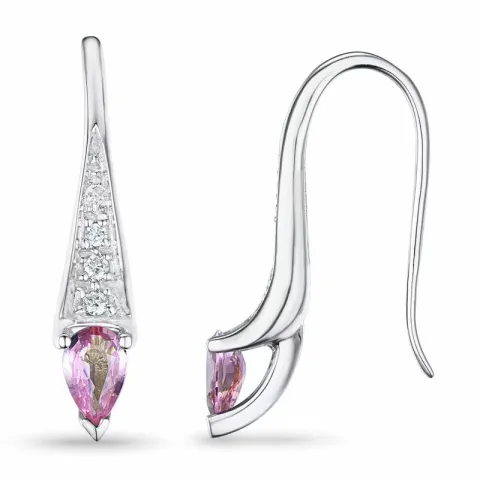 lange pink saffier briljant oorbellen in 9 karaat witgoud met pink saffier en diamant