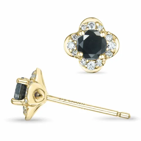 bloem zwart diamant briljant oorbellen in 9 karaat goud met zwart diamant en diamant