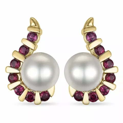Parel oorbellen in 9 karaat goud met robijnen 