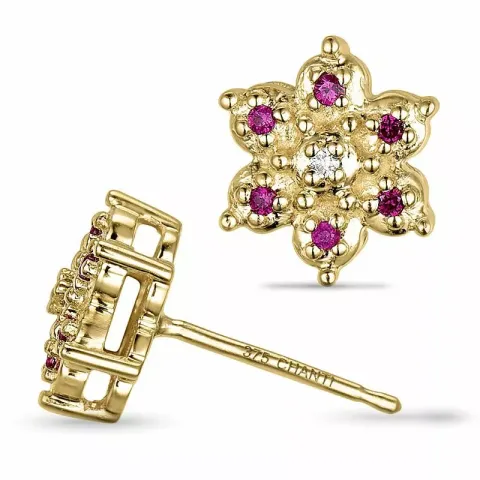 Bloem robijn diamant oorbellen in 9 karaat goud met diamanten en robijnen 