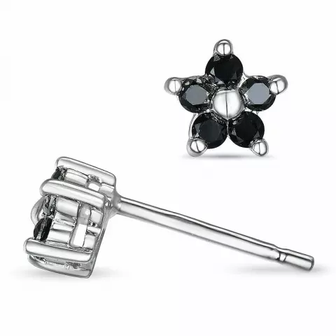 bloem zwart diamant oorbellen in 9 karaat witgoud met zwart diamant 