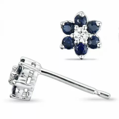 bloem blauwe saffier diamant oorbellen in 9 karaat witgoud met diamant en saffier 