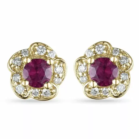 Bloem robijn diamant oorbellen in 9 karaat goud met diamanten en robijnen