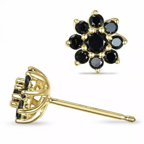 bloem zwart diamant oorsteker in 9 karaat goud met zwart diamant 