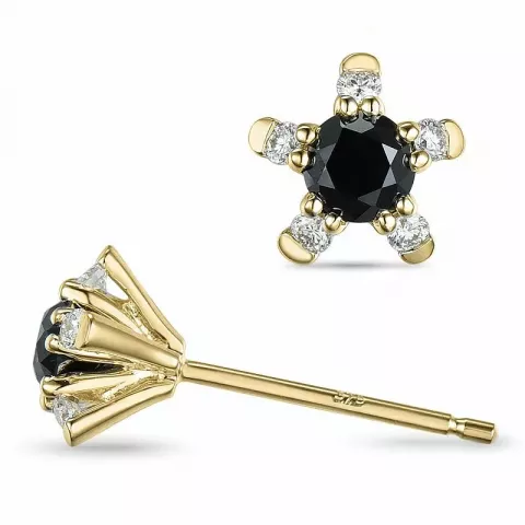 bloem zwart diamant oorsteker in 9 karaat goud met diamant en zwart diamant 