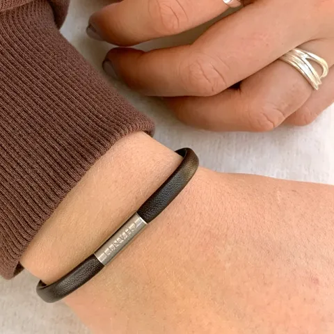 Rond bruin leren armband in staal x 4 mm