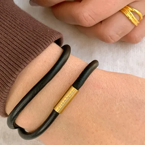 Rond bruin armband in leer met verguld staal slot x 4 mm