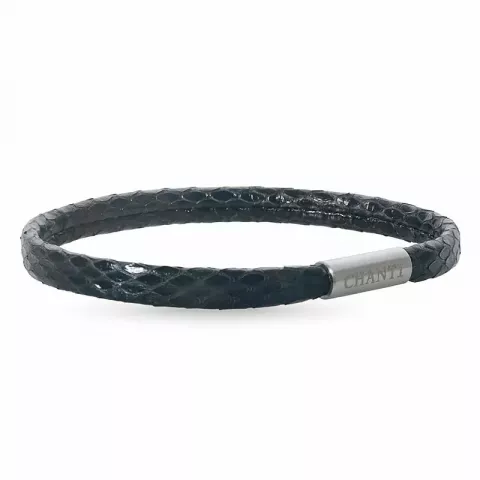 Plat zwart slangenarmband in leer met staal slot  x 6 mm