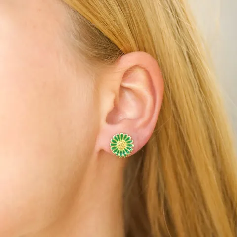 11,5 mm margriet donkergroene oorbellen in verguld sterlingzilver