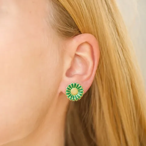 14,5 mm margriet donkergroene oorbellen in verguld sterlingzilver