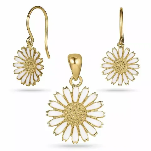 margriet Set met oorbellen en hangers in verguld sterlingzilver witte emaille