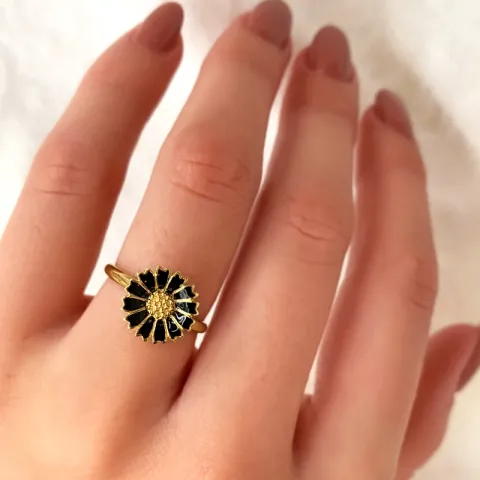 12 mm margriet zwart ring in verguld sterlingzilver