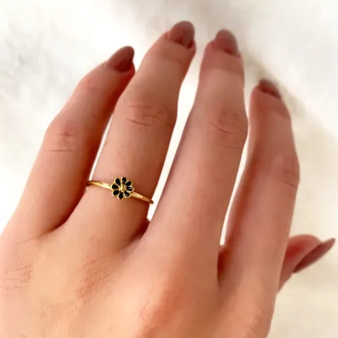 5 mm margriet zwart ring in verguld sterlingzilver