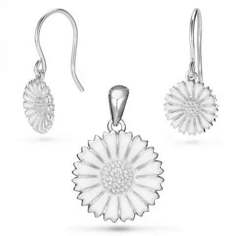margriet Set met oorbellen en hangers in zilver witte emaille