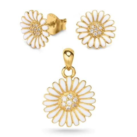 margriet Set met oorbellen en hangers in verguld sterlingzilver witte zirkoon witte emaille - Matilda
