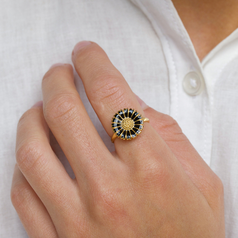 14 mm margriet zwart ring in verguld sterlingzilver - Marie
