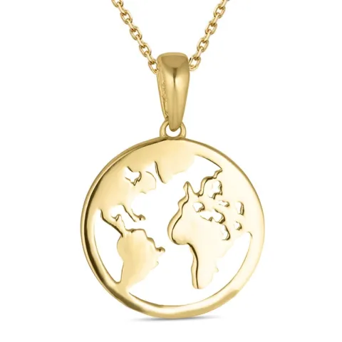 world ketting in verguld sterlingzilver met hanger in 8 karaat goud