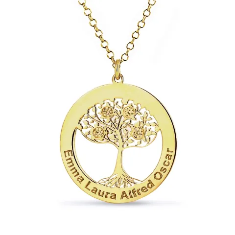 boom van het leven Naamkettingen met hanger in verguld zilver met  witte kristal