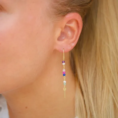 lange multikleurige ketting oorbellen in verguld zilver