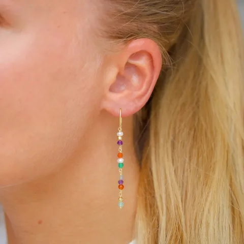 lange multikleurige ketting oorbellen in verguld zilver