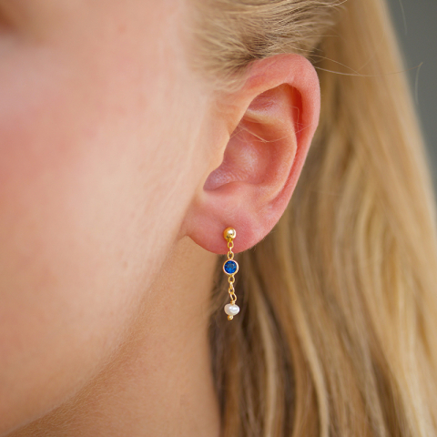 donkerblauw kristal ketting oorbellen in verguld zilver