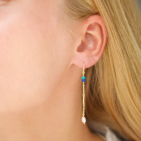 blauwe ketting oorbellen in verguld zilver