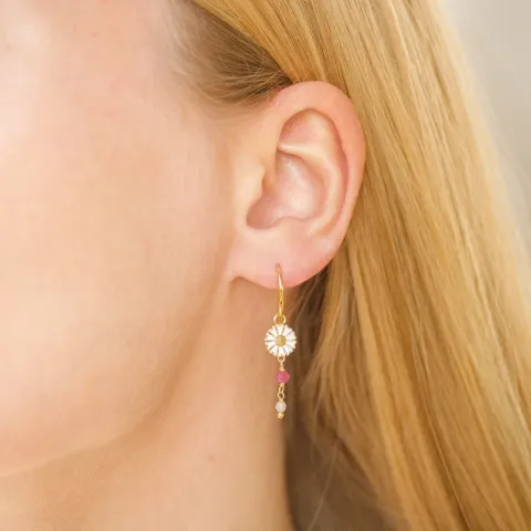 lange margriet pink ketting oorbellen in verguld zilver