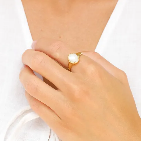 witte maansteen ring in verguld messing