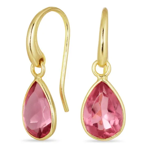 druppel pink kristal oorbellen in verguld messing - Loom Stones