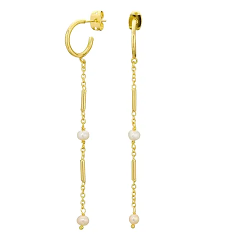 lange parel ketting oorbellen in verguld messing - Eliné