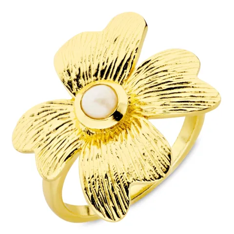 bloem parel ring in verguld messing - Eliné