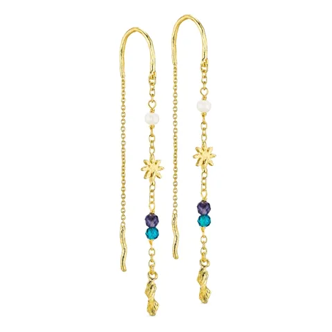 lange blauwe ketting oorbellen in verguld messing - Eliné