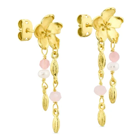 roze ketting oorbellen in verguld messing - Eliné