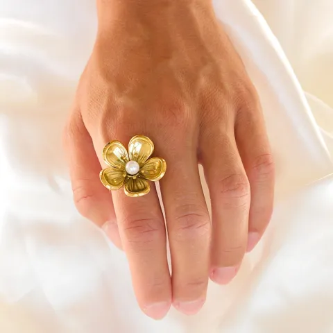 waterproof bloem verstelbaar ring in verguld staal - OCEANA