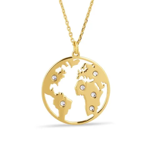 rond world ketting in verguld sterlingzilver met hanger in verguld sterlingzilver