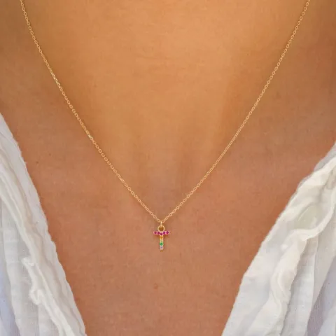 letter t veelkleurig zirkoon ketting in verguld sterlingzilver