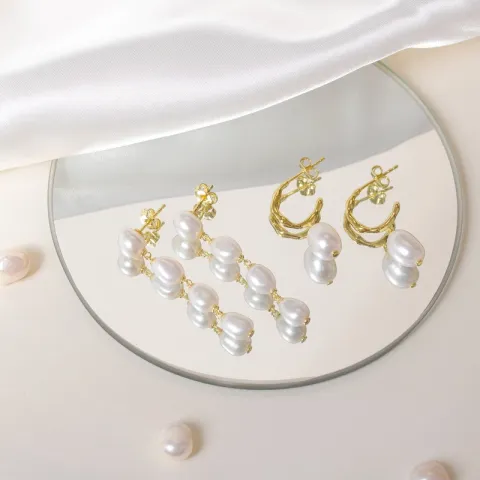 parel ketting oorbellen in verguld zilver