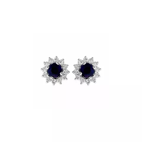 bloem blauwe saffier oorsteker in 14 karaat witgoud met saffier en diamant 