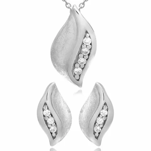 Blad set met oorbellen en ketting in zilver witte zirkoon