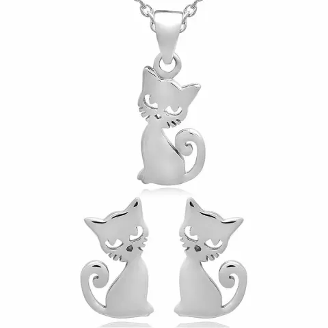 Kat set met oorbellen en ketting in zilver