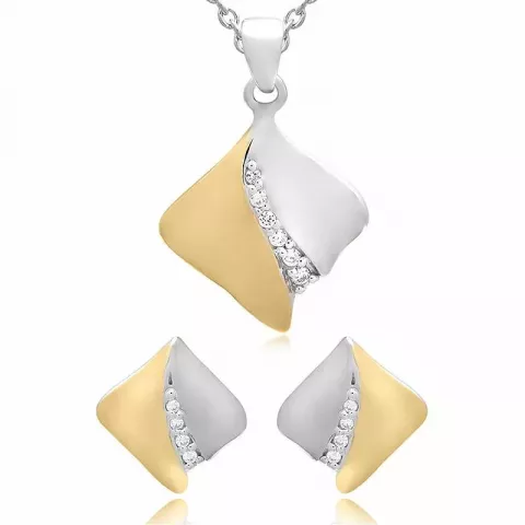 Vierkant set met oorbellen en ketting in verguld sterlingzilver witte zirkoon