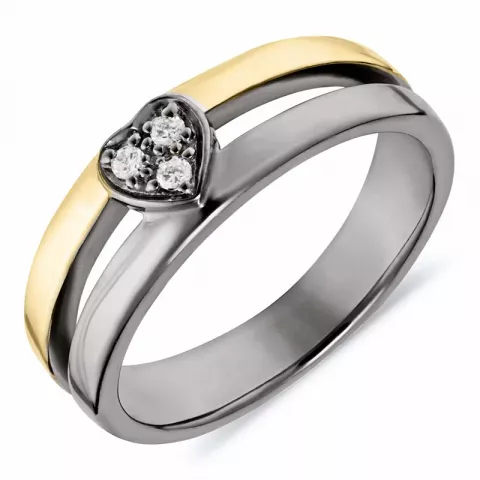 hart witte zirkoon ring in zwart gerhodineerd zilver met verguld sterlingzilver