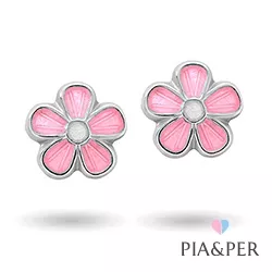 Pia en Per bloem oorbellen in zilver roze emaille witte emaille