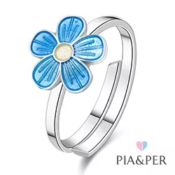 Pia en Per bloem ring in zilver blauwe emaille witte emaille
