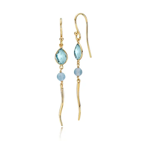 Izabel Camille Marie lange oorbellen in verguld sterlingzilver blauwe steen witte kwarts